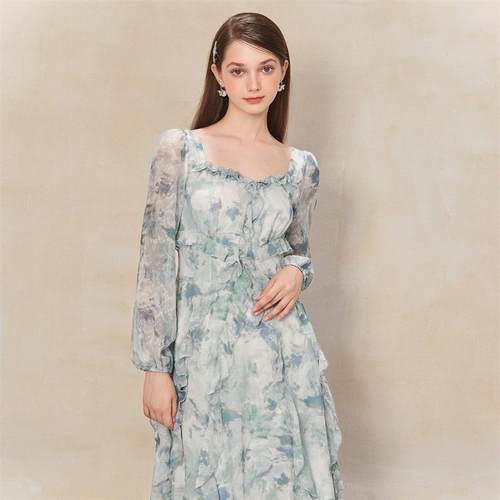 糖力蓝绿色荷叶边雪纺连衣裙女