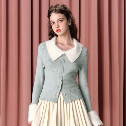 亮片钉珠仿水貂拼接针织衫上衣