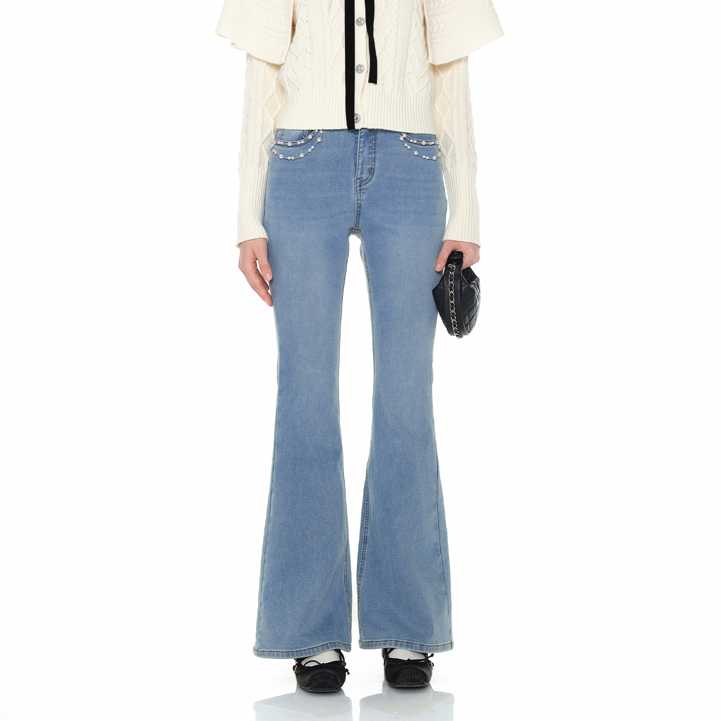 糖力修身弹力抓毛微喇牛仔长裤女