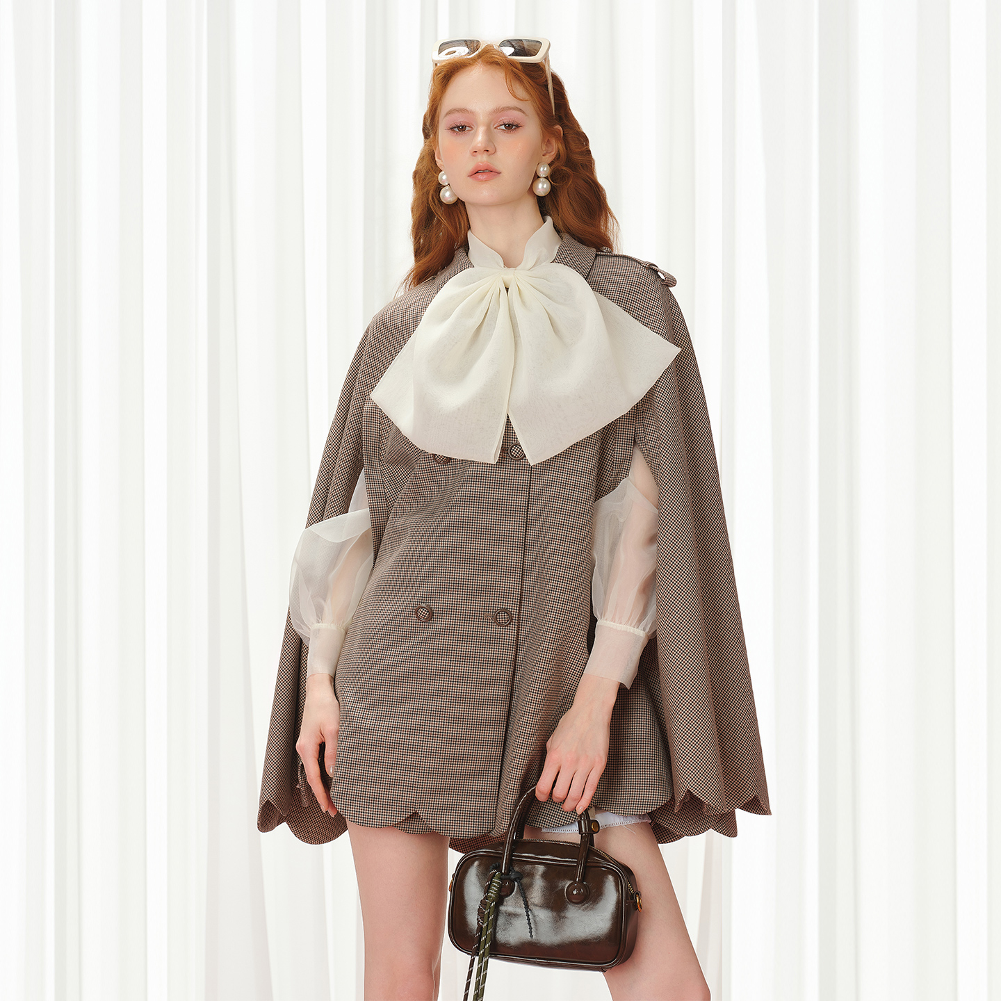 糖力千鸟格纹双排扣A型斗篷外套