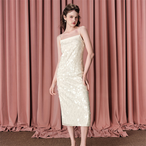 人鱼亮片中长款女吊带连衣裙