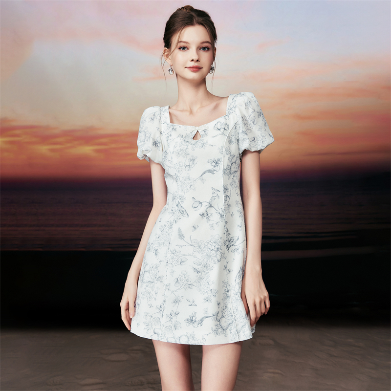 国风短袖连衣裙水墨画印花女