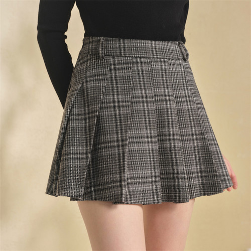 格纹百褶A字裙短裙女毛呢半身裙