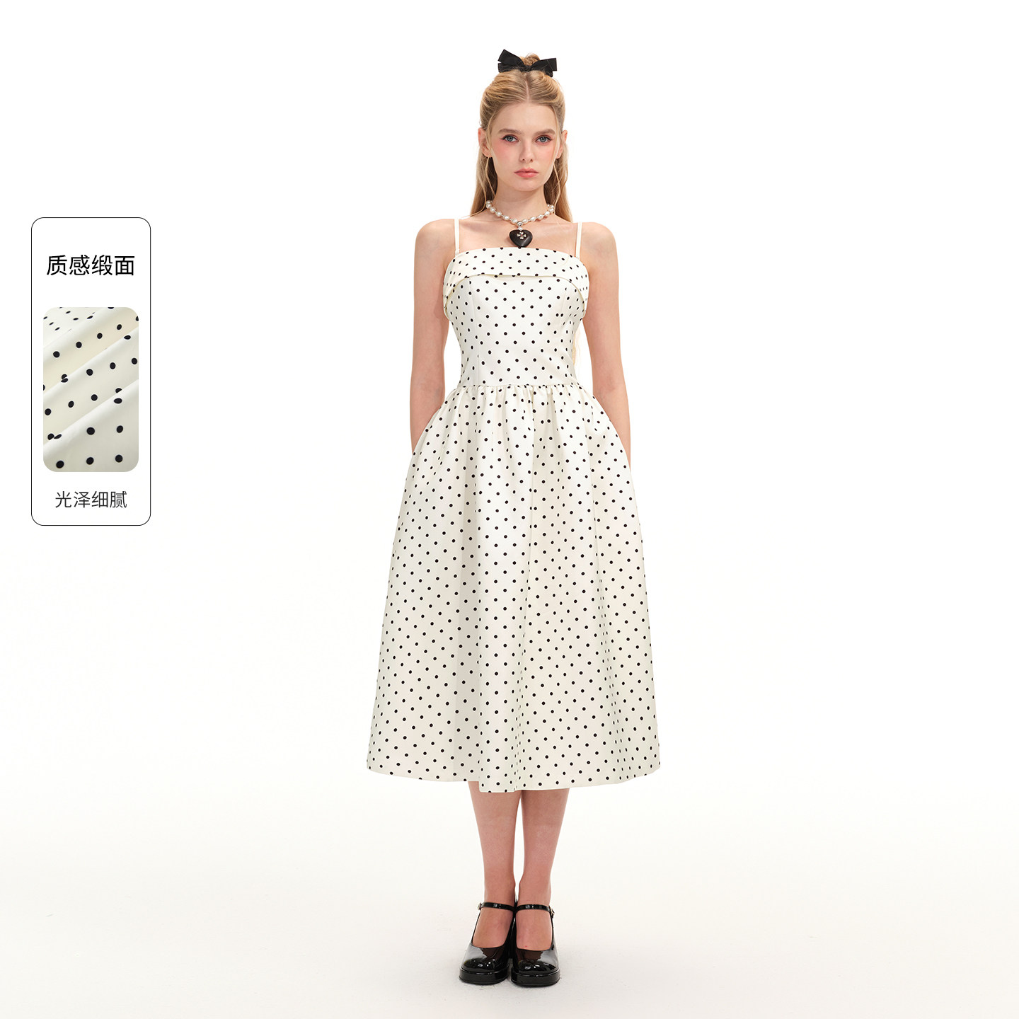 商场同款糖力 摩登复古波点长裙 2026春新款收腰缎面吊带连衣裙女