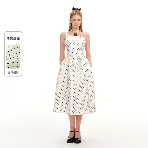 商场同款糖力 摩登复古波点长裙 2026春新款收腰缎面吊带连衣裙女
