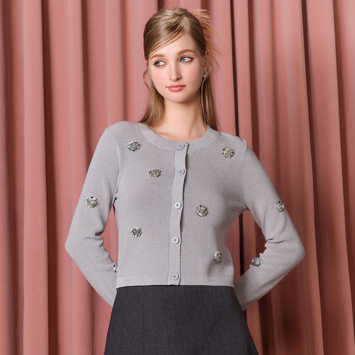 长袖立体花朵闪光冰丝针织衫开衫