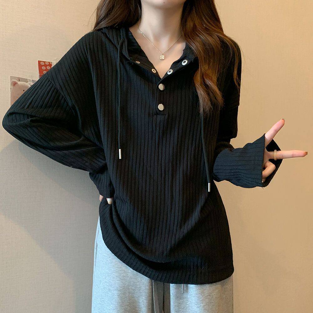 가을 대형 디자인 지방 MM 핏 스트립 후드 티셔츠 느슨한 긴팔 슬리밍 솔리드 컬러 긴팔 탑 여성용