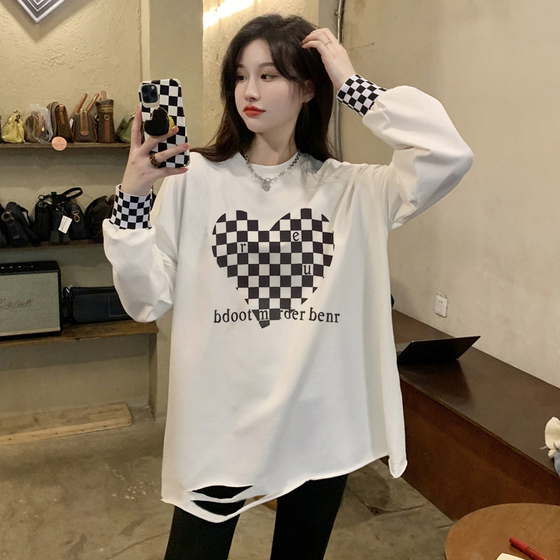 벨벳|비벨벳 100% 순면 찢어진 여성용 중간 길이 티셔츠 대형 스플라이스 긴팔 체크 무늬 루즈 바닥 셔츠