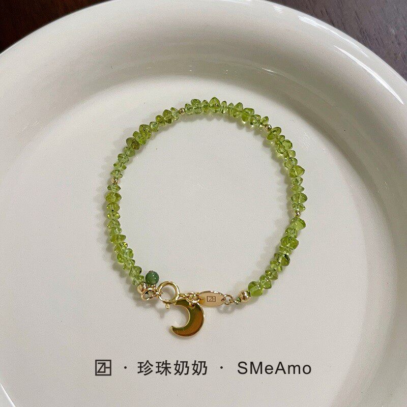 珍珠奶奶/小众限量浅绿色系进口巴西天然橄榄石美国14k包金手链