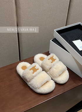 【VAVA WA】真正顶板！毛拖女经典一字带羊毛厚底豹纹凉拖外穿