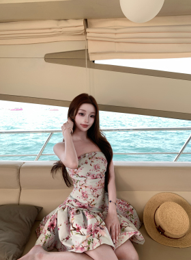 LIN BOUTIQUE 抹胸印花压皱A字显瘦收腰无袖连修身型衣裙女春夏