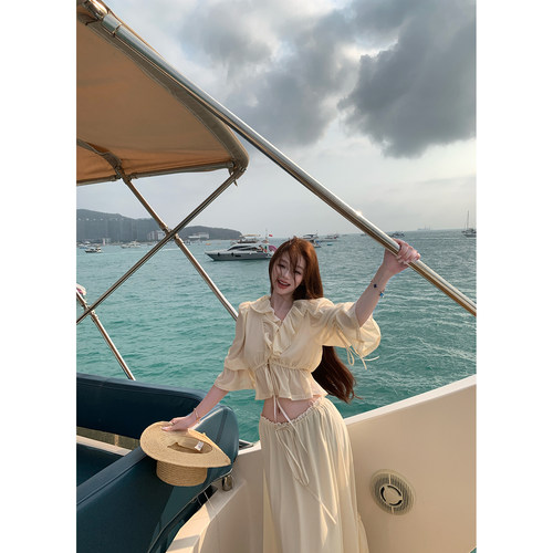 LIN BOUTIQUE Ch*oe雪纺设计感短袖露腰上衣半身长裙套装女春夏
