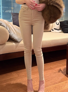 LIN BOUTIQUE 3D镭射猫须显腿长纸片人高腰小脚提臀牛仔裤女新款