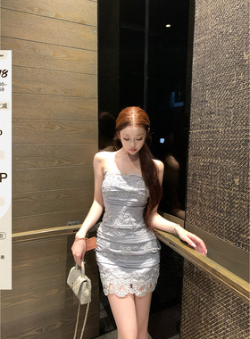LIN BOUTIQUE 短款重工收腰显瘦蕾丝拼接吊带连衣裙女夏包臀短裙