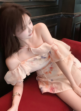 张林超LIN BOUTIQUE Zimmer*2025花卉印花荷叶边斜挂脖连衣裙上衣