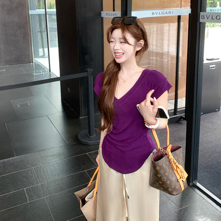 张林超LIN BOUTIQUE 皮肤纯欲性感 V领短袖t恤女抽褶收腰体恤上衣