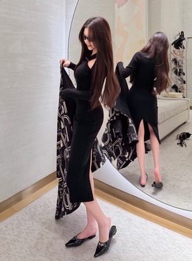 LIN BOUTIQUE 轻奢性感法式赫本风交叉挂脖针织修身连衣裙小黑裙