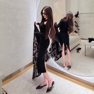 赫本风交叉挂脖针织修身 轻奢性感法式 连衣裙小黑裙 BOUTIQUE LIN