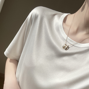 桑蚕丝真丝上衣 高级三醋酸圆领t恤女宽松显瘦V领短袖 2023夏季 新款