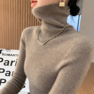高翻领100纯山羊绒衫女针织打底秋冬修身大码显瘦毛衣