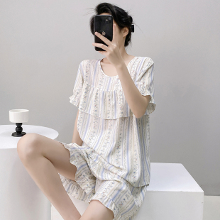 薄款 短裤 棉绸睡衣女防凸点夏季 短袖 清凉家居服 甜美套装 人造棉大码