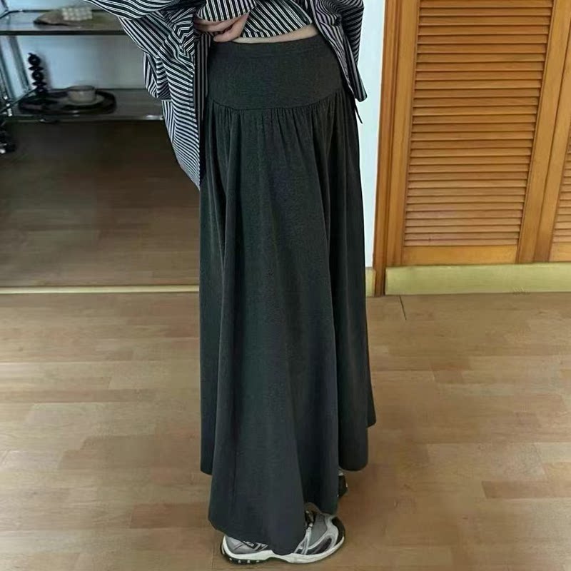 韩版高腰棉质针织百褶裙女显瘦大摆拖地长裙通勤松紧腰气质半身裙