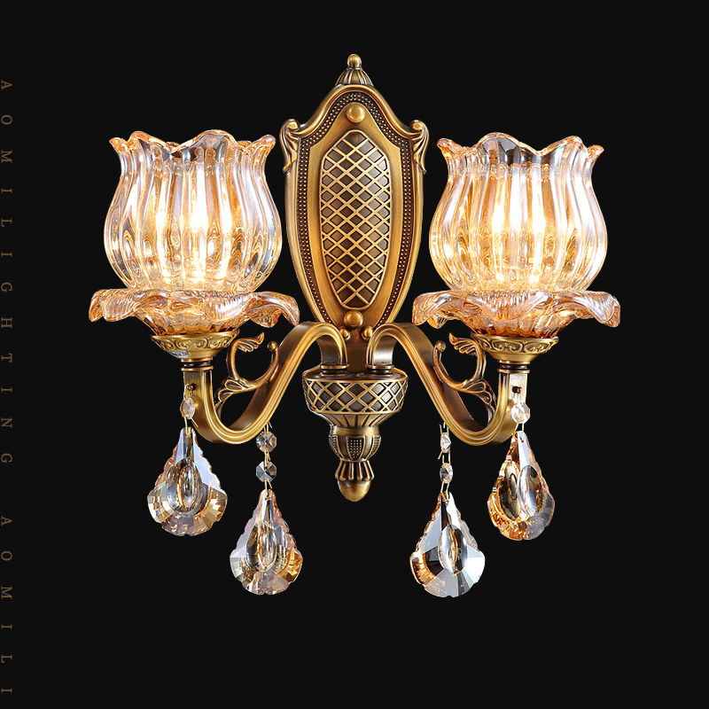 아오미 전체 구리 벽 램프 계단 발코니 통로 창조적 인 벽 조명 유럽식 미국 스타일의 벽 더블 헤드 벽 램프