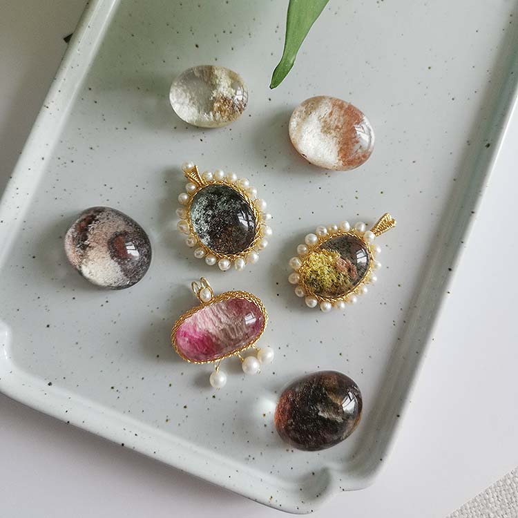 原创手工绕线淡水珍珠天然红绿幽灵水晶水滴吊坠项链坠毛衣链女