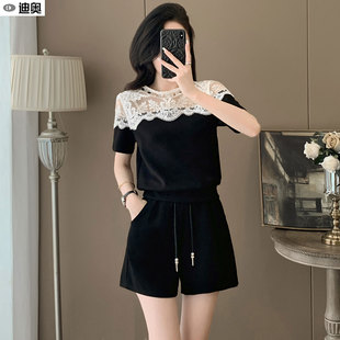迪奥26新款夏季短袖套装女气质蕾丝拼接短袖+显瘦短裤时髦两件套