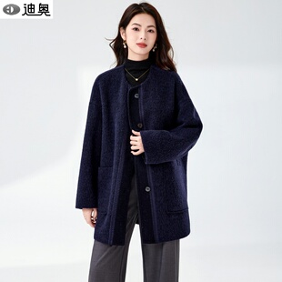 迪奥25秋冬新款轻奢简约风优雅中长款圆领单排扣双面呢羊毛大衣女