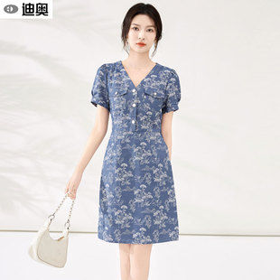 迪奥短袖牛仔连衣裙女2026夏季新款小香风高级感气质弹力印花裙子