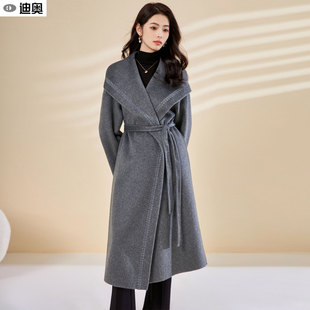 迪奥双面呢羊毛大衣女25秋冬新款女神范时尚名媛系带绣花毛呢外套