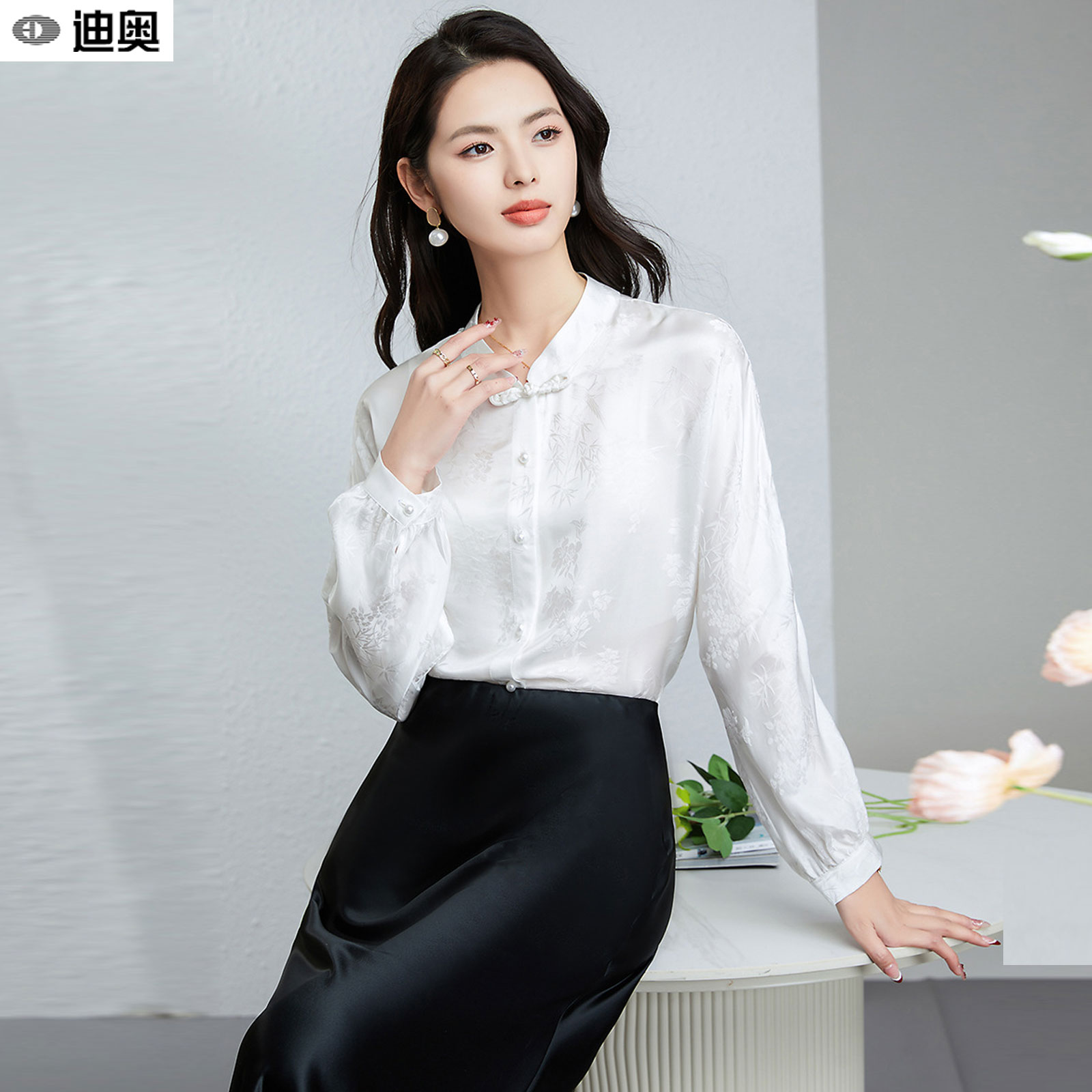 迪奥真丝新中式长袖衬衫女25早秋新款国风气质提花桑蚕丝白衬衣女