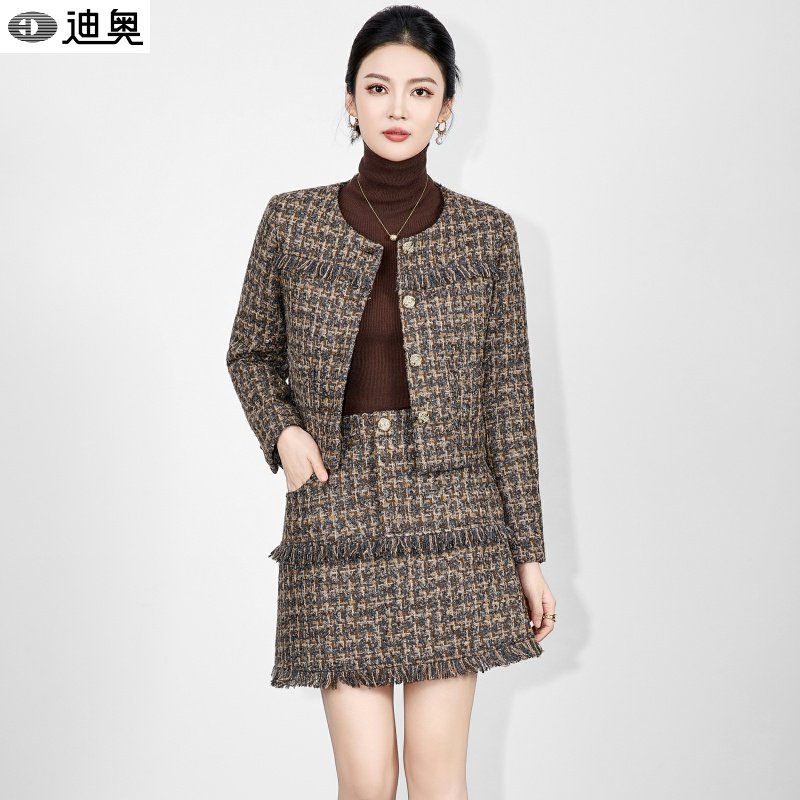 迪奥复古名媛小香风两件套装裙女25冬新款羊毛粗花呢外套+半身裙