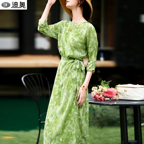 迪奥清新印花真丝桑蚕丝连衣裙夏