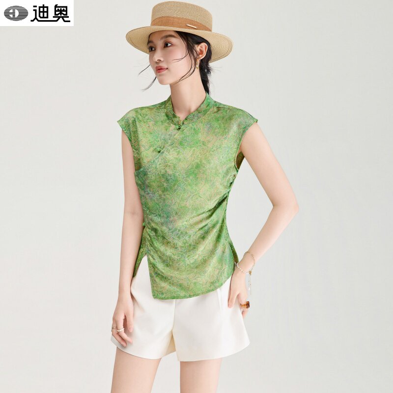 迪奥新中式旗袍领无袖马甲T恤女夏2026新款气质提花国风斜襟衬衫