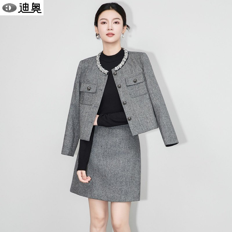 迪奥26新款小香风套装裙女气质羊毛镶钻外套+半身裙千金风两件套