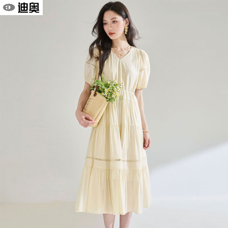 迪奥夏季连衣裙女花边拼接中长裙