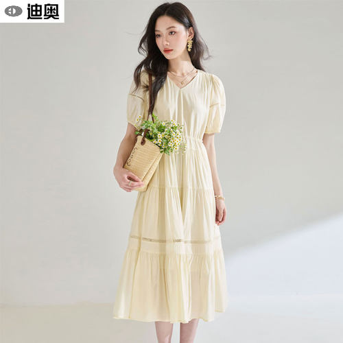 迪奥夏季连衣裙女花边拼接中长裙