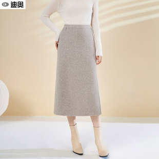 迪奥25秋冬季女神范通勤百搭开叉毛呢裙子显瘦过膝羊毛呢半身裙女