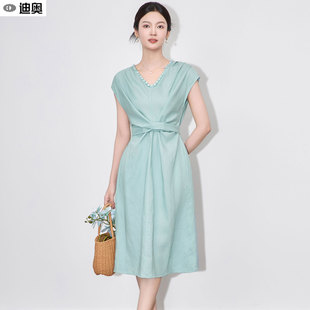 迪奥轻奢法式 中长裙 连衣裙女夏25新款 气质名媛风V领珍珠收腰无袖