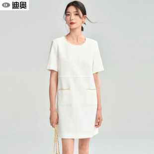 中长裙 名媛小香风连衣裙女手工链条花边高级感短袖 迪奥26夏季 法式