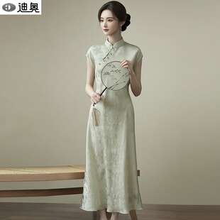 迪奥100%真丝桑蚕丝花罗旗袍裙女2026夏季新款复古国风碎花连衣裙