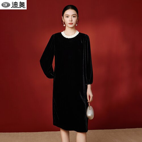 迪奥遮肉显瘦真丝丝绒连衣裙女
