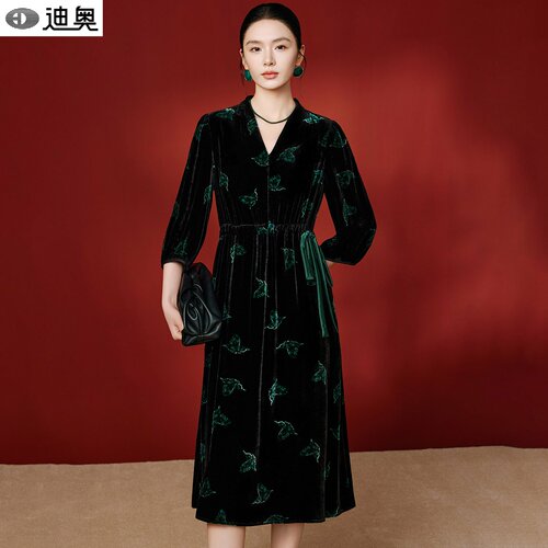 迪奥新中式国风真丝丝绒连衣裙女