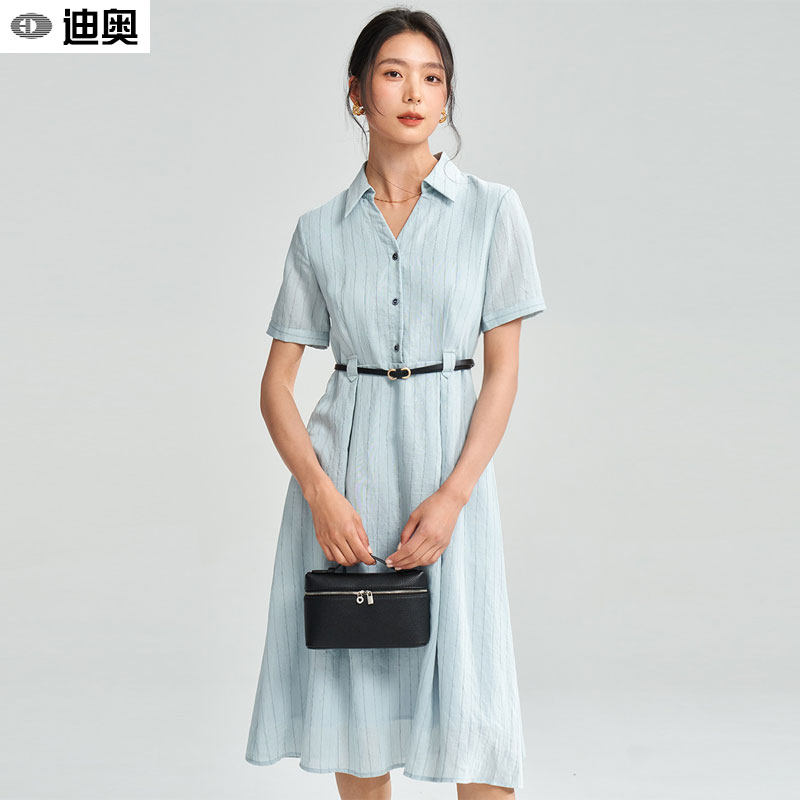 迪奥复古条纹收腰连衣裙女26夏季新款气质通勤大摆衬衫裙时尚裙子