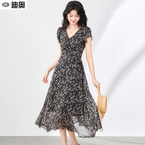 迪奥时尚浪漫显瘦印花大摆连衣裙