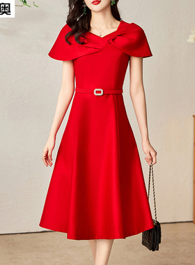 迪奥夏季短袖连衣裙女收腰显瘦高级感红色晚会礼服裙潮流气质女神