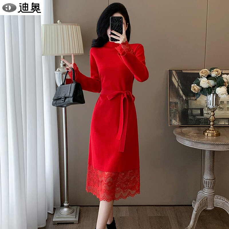 迪奥新年战袍针织连衣裙女2026新款本命年红色毛衣裙法式包臀裙子