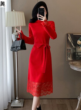 迪奥新年战袍针织连衣裙女2026新款本命年红色毛衣裙法式包臀裙子